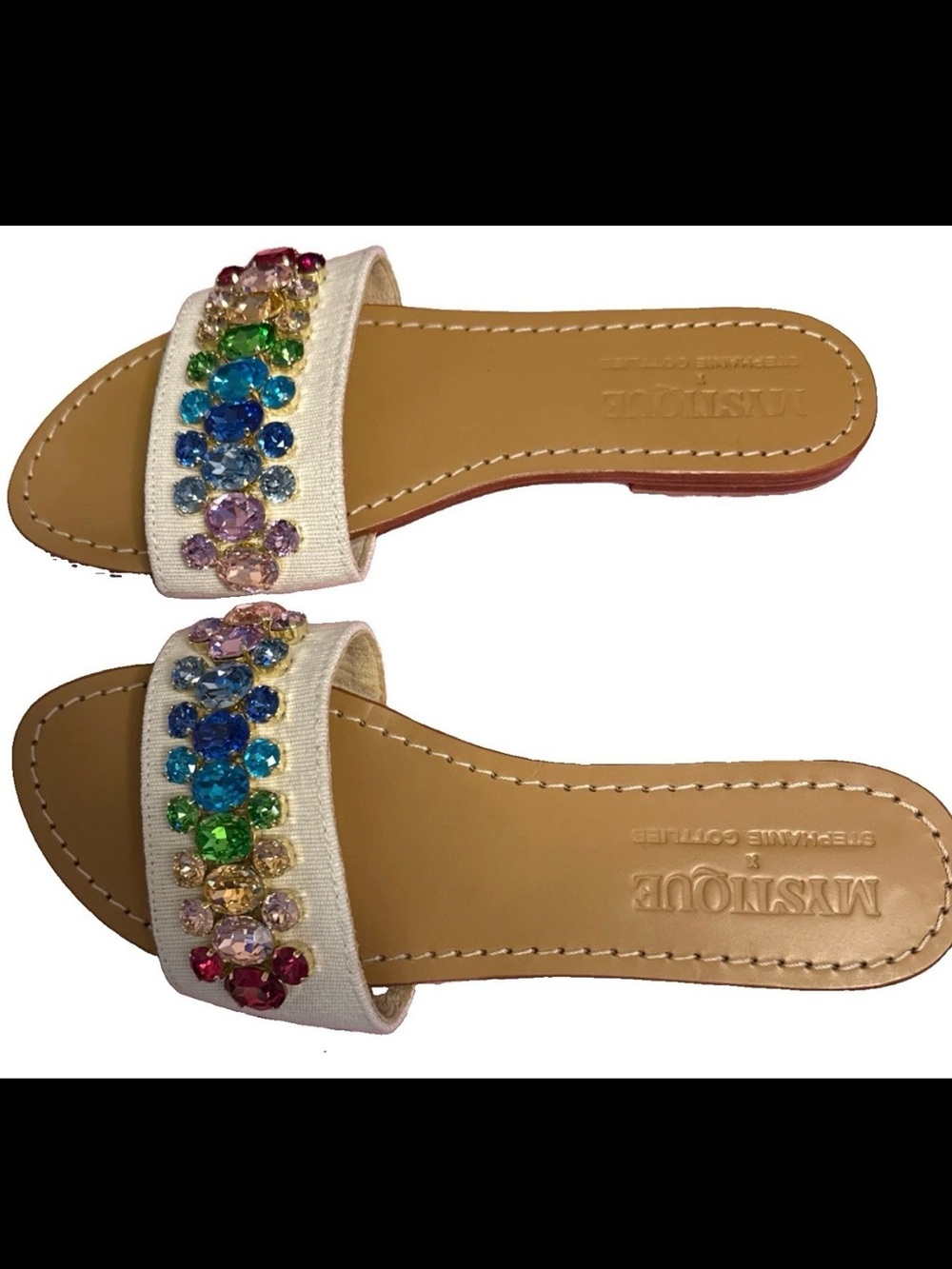 Mystique Boutique Ivory Rainbow Gem Slide Sandals